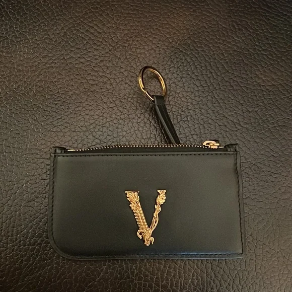 Versace unisex zip up keychain Virtus logo leather card holder wallet NWB - Picture 6 of 8